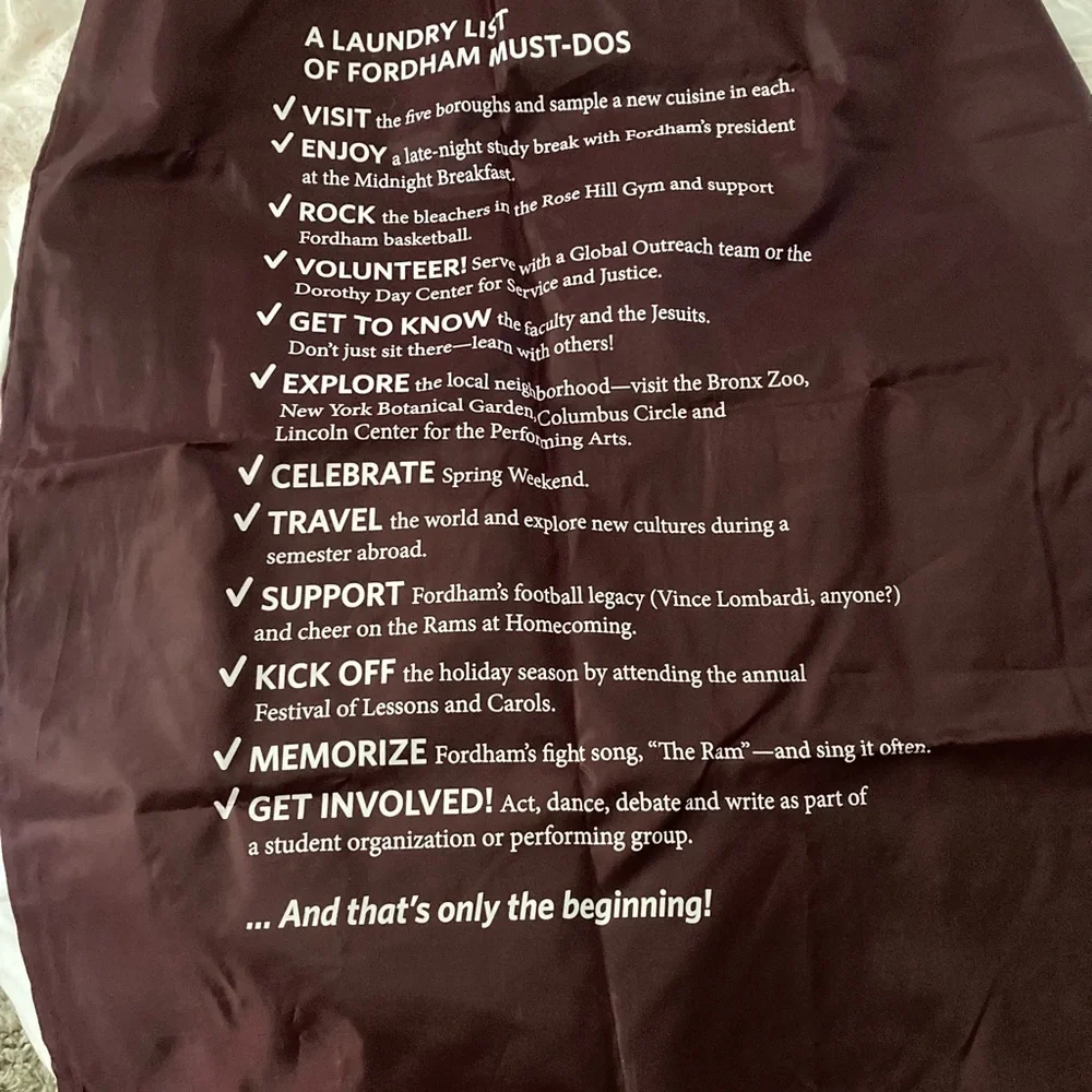 Fordham University drawstring nylon laundry bag, never used! - Picture 2 of 2
